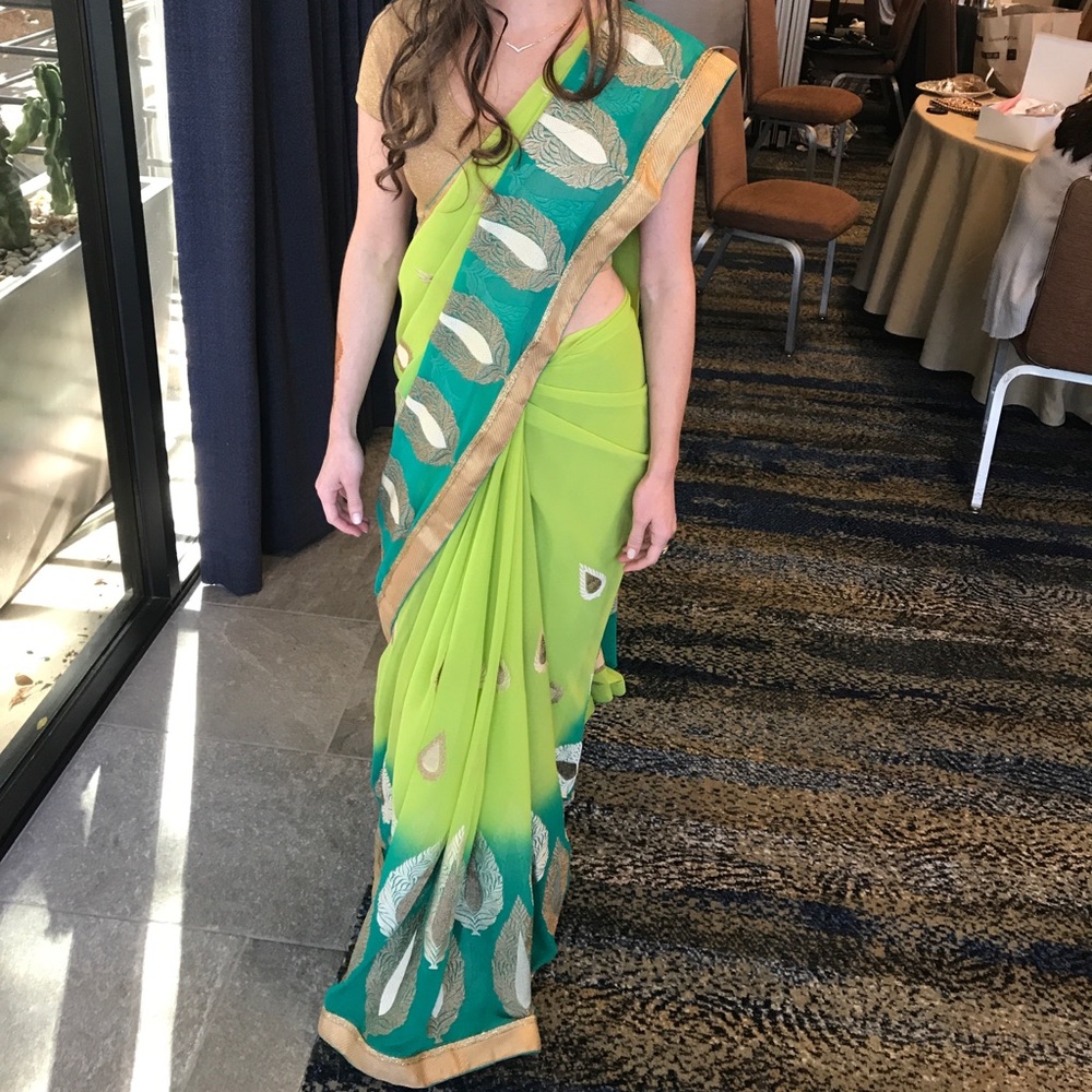 Gorgeous green Sari with gold detail